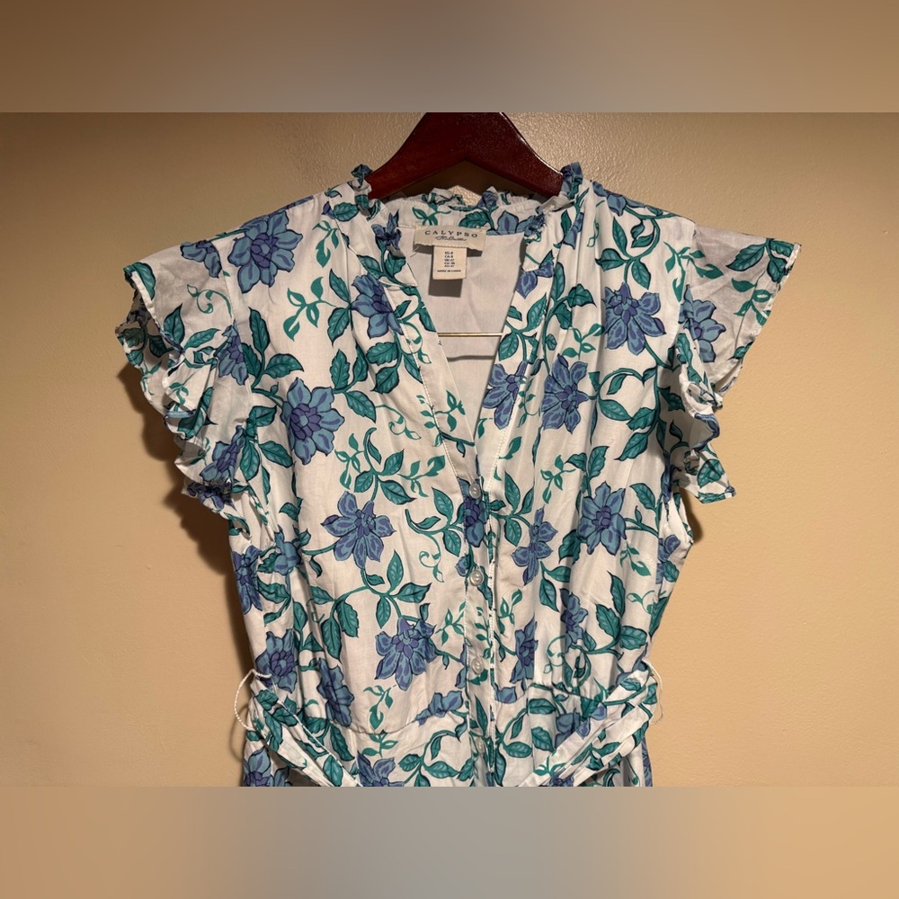 Calypso St. Barth floral print mini button down shirt dress flutter sleeve - Picture 6 of 13